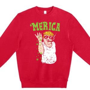 Merica Trump Bae Smoking Weed Cannabis Funny 420 Stoner Gift Premium Crewneck Sweatshirt