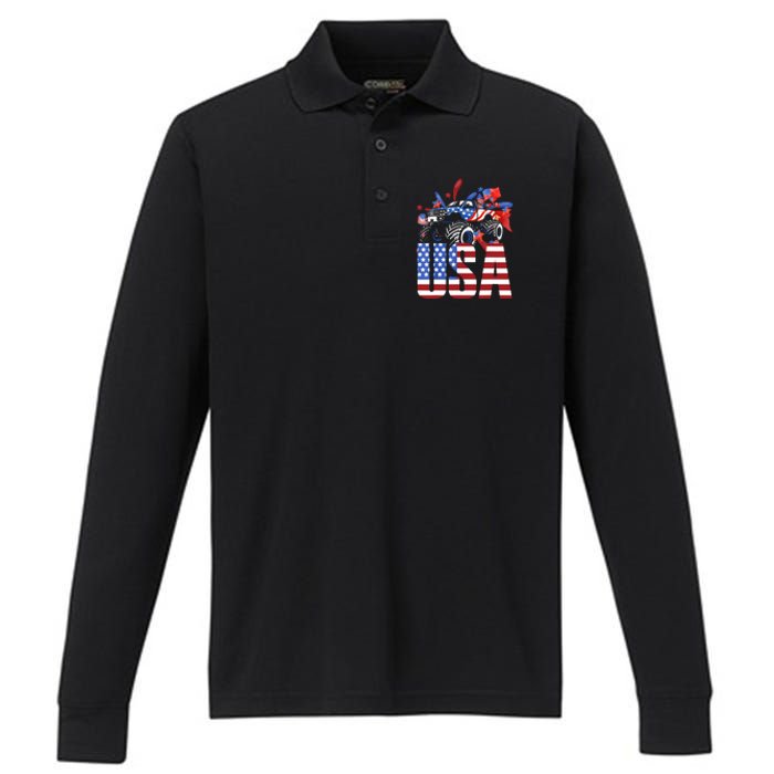 Monster Truck Boy USA American Flag July 4th Performance Long Sleeve Polo