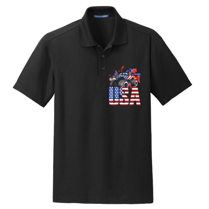 Monster Truck Boy USA American Flag July 4th Dry Zone Grid Polo