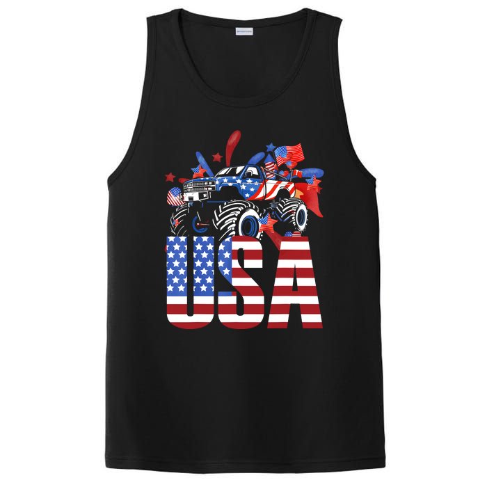 Monster Truck Boy USA American Flag July 4th PosiCharge Competitor Tank