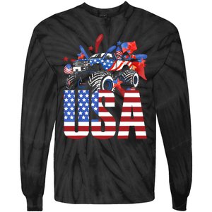 Monster Truck Boy USA American Flag July 4th Tie-Dye Long Sleeve Shirt