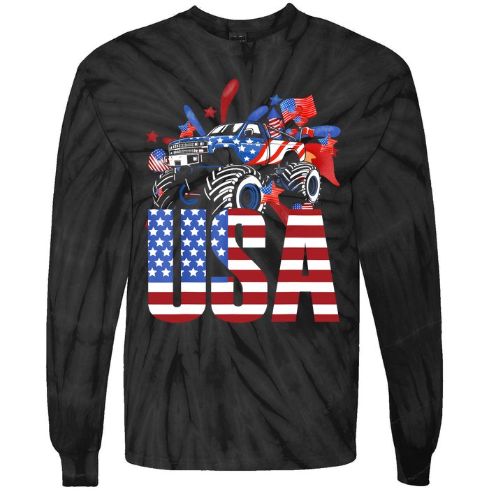 Monster Truck Boy USA American Flag July 4th Tie-Dye Long Sleeve Shirt