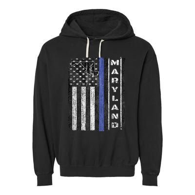 Maryland Thin Blue Line Police Week USA Flag Gift Men Garment-Dyed Fleece Hoodie