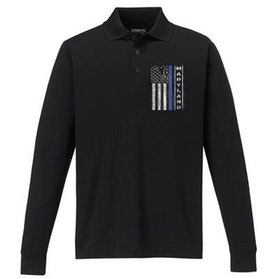 Maryland Thin Blue Line Police Week USA Flag Gift Men Performance Long Sleeve Polo