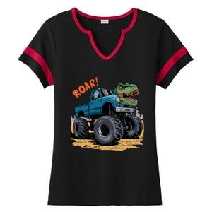 Monster Truck Boy Family Birthday Dino Trex Dinosaur Ladies Halftime Notch Neck Tee