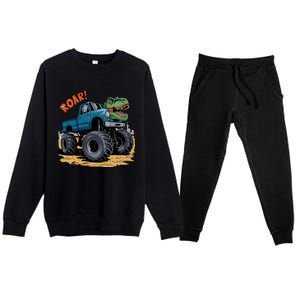 Monster Truck Boy Family Birthday Dino Trex Dinosaur Premium Crewneck Sweatsuit Set