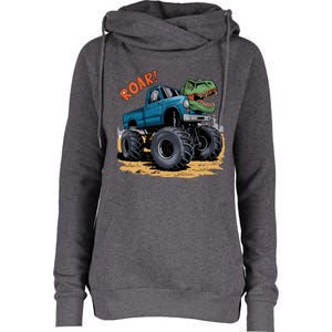 Monster Truck Boy Family Birthday Dino Trex Dinosaur Womens Funnel Neck Pullover Hood