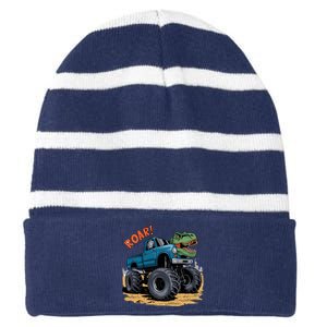 Monster Truck Boy Family Birthday Dino Trex Dinosaur Striped Beanie with Solid Band