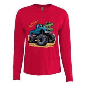 Monster Truck Boy Family Birthday Dino Trex Dinosaur Womens Cotton Relaxed Long Sleeve T-Shirt