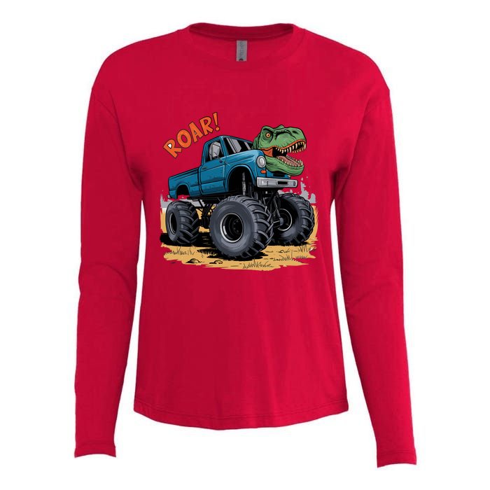 Monster Truck Boy Family Birthday Dino Trex Dinosaur Womens Cotton Relaxed Long Sleeve T-Shirt