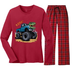 Monster Truck Boy Family Birthday Dino Trex Dinosaur Women's Long Sleeve Flannel Pajama Set 