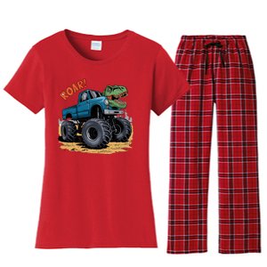 Monster Truck Boy Family Birthday Dino Trex Dinosaur Women's Flannel Pajama Set