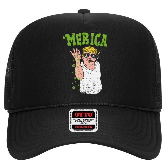 Merica Trump Bae Smoking Weed Cannabis Funny 420 Stoner Gift High Crown Mesh Back Trucker Hat