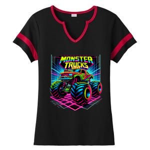 Monster Truck Birthday Party Retro Monster Trucks Lover Ladies Halftime Notch Neck Tee