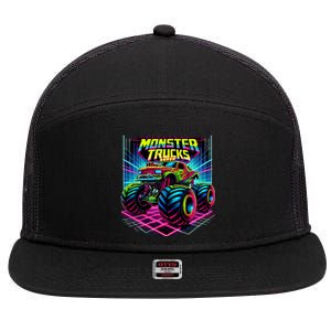 Monster Truck Birthday Party Retro Monster Trucks Lover 7 Panel Mesh Trucker Snapback Hat