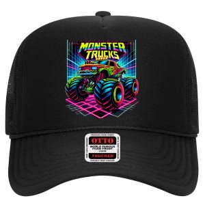 Monster Truck Birthday Party Retro Monster Trucks Lover High Crown Mesh Back Trucker Hat