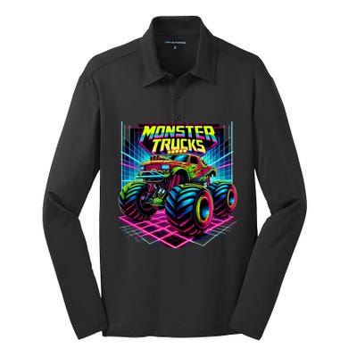 Monster Truck Birthday Party Retro Monster Trucks Lover Silk Touch Performance Long Sleeve Polo