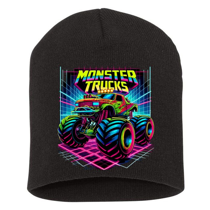 Monster Truck Birthday Party Retro Monster Trucks Lover Short Acrylic Beanie