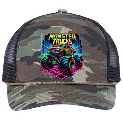 Monster Truck Birthday Party Retro Monster Trucks Lover Retro Rope Trucker Hat Cap