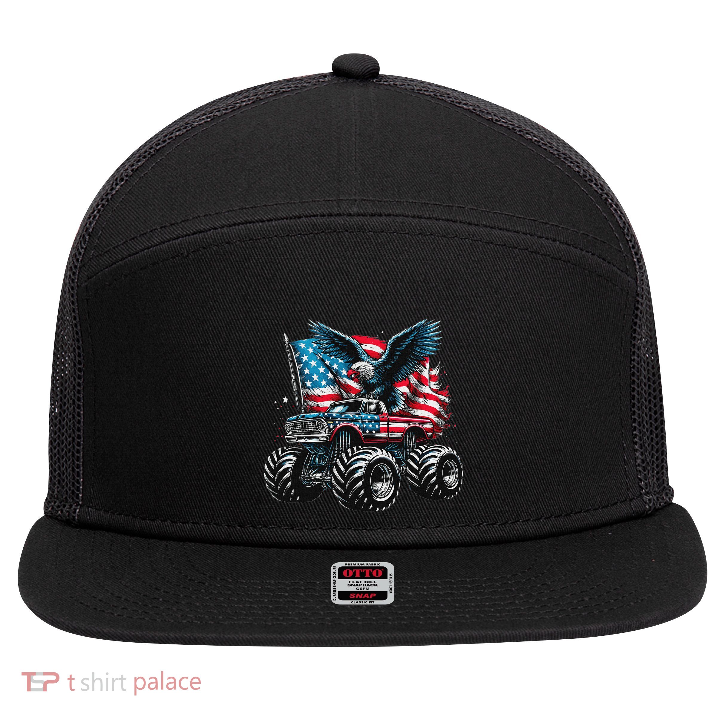 Monster Truck Bald Eagle 4th Of July American Flag 7 Panel Mesh Trucker Snapback Hat