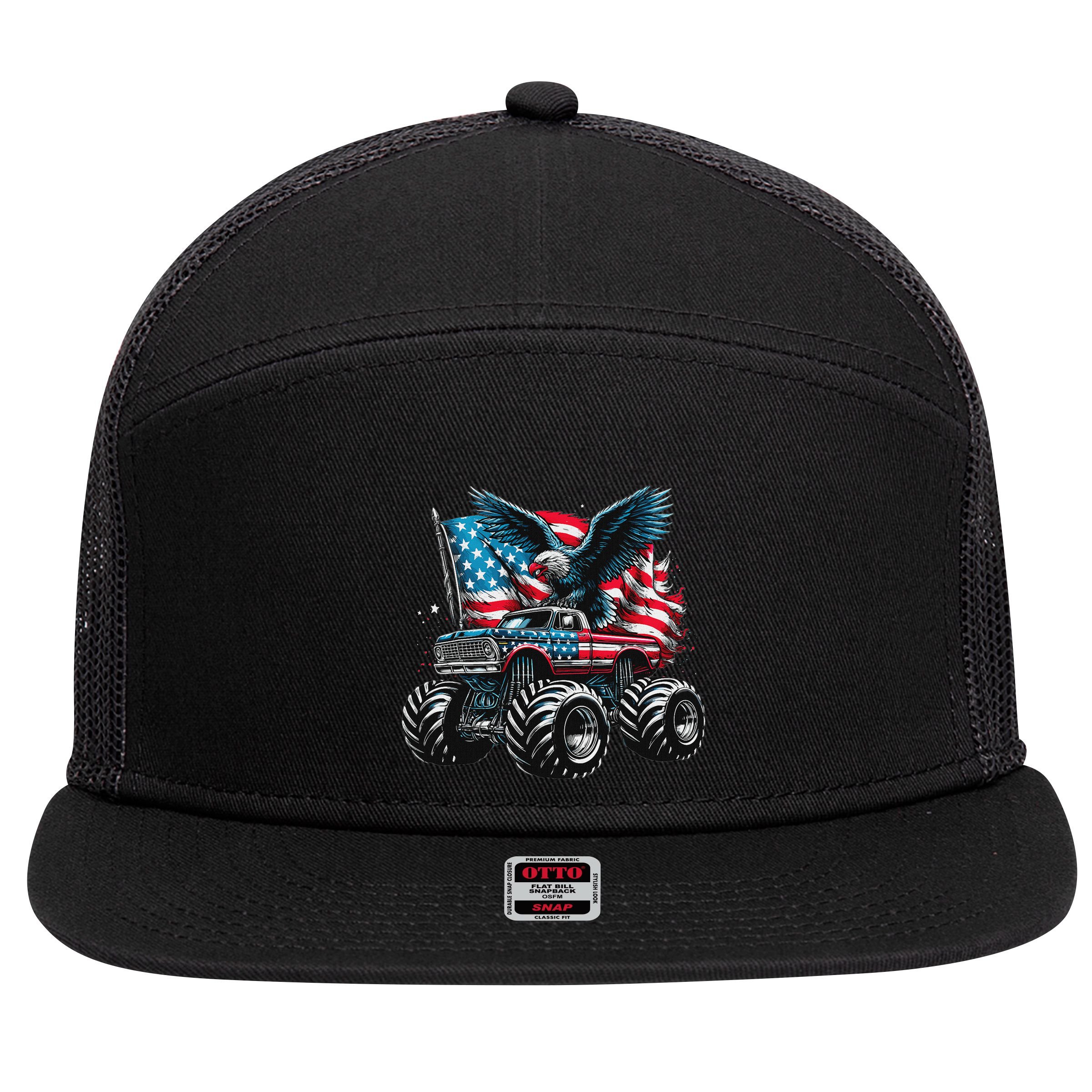 Monster Truck Bald Eagle 4th Of July American Flag 7 Panel Mesh Trucker Snapback Hat