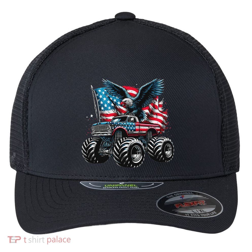 Monster Truck Bald Eagle 4th Of July American Flag Flexfit Unipanel Trucker Cap