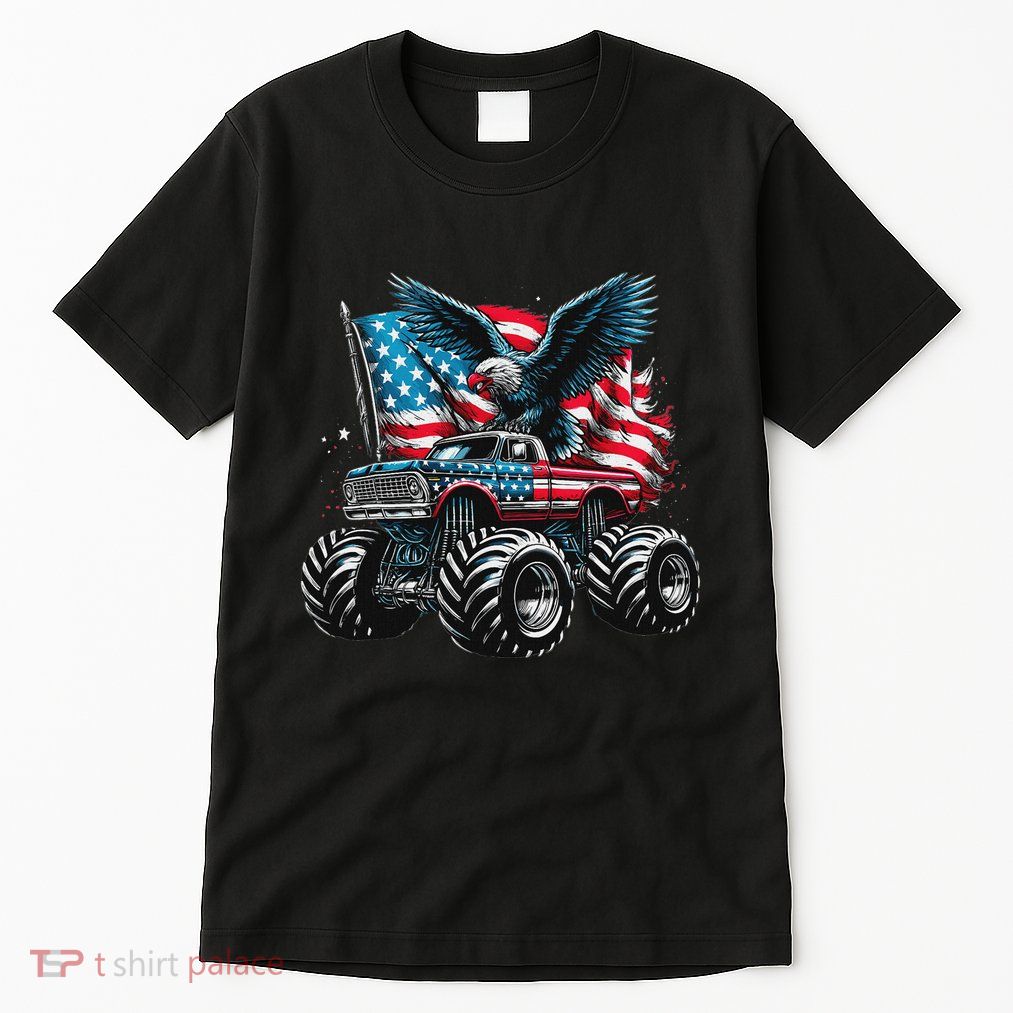 Monster Truck Bald Eagle 4th Of July American Flag Tall T-Shirt