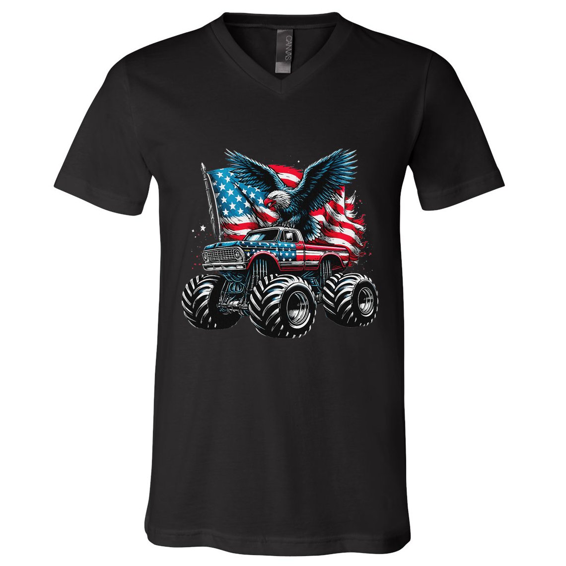 Monster Truck Bald Eagle 4th Of July American Flag V-Neck T-Shirt