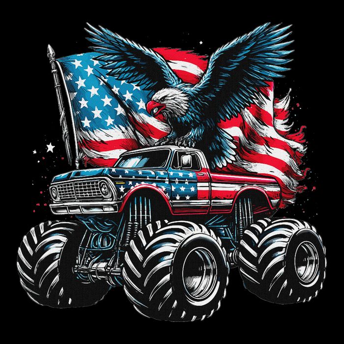 Monster Truck Bald Eagle 4th Of July American Flag 7-Panel Snapback Hat