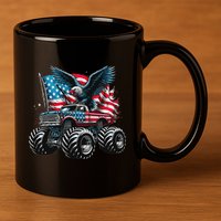 Monster Truck Bald Eagle 4th Of July American Flag 11oz C Handle Ceramic Mug