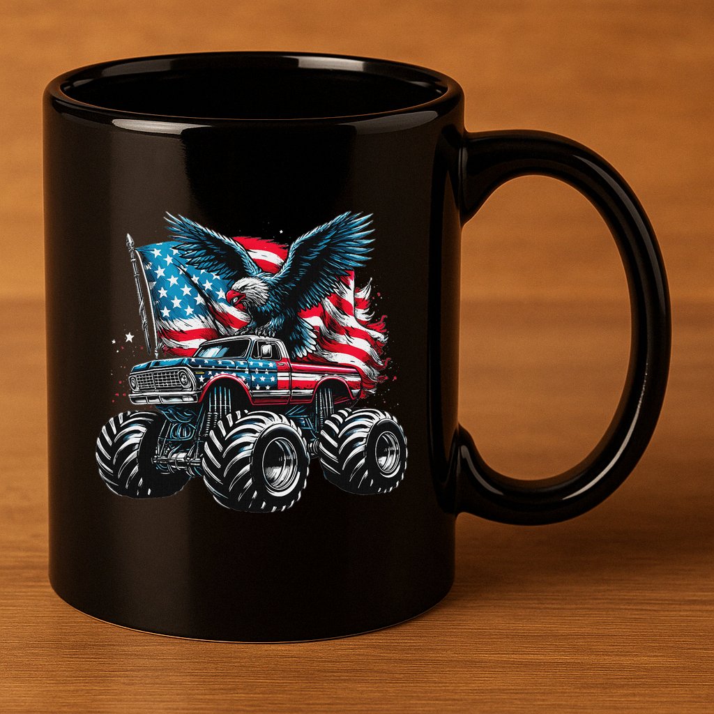 Monster Truck Bald Eagle 4th Of July American Flag 11oz C Handle Ceramic Mug