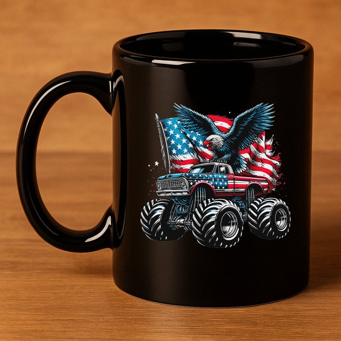 Monster Truck Bald Eagle 4th Of July American Flag 11oz C Handle Ceramic Mug