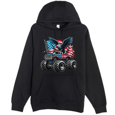 Monster Truck Bald Eagle 4th Of July American Flag Premium Pullover Hoodie