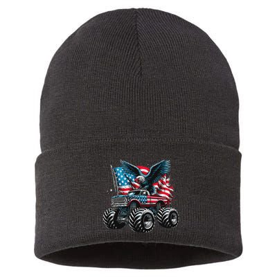 Monster Truck Bald Eagle 4th Of July American Flag Sustainable Knit Beanie