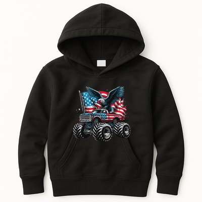 Monster Truck Bald Eagle 4th Of July American Flag Kids Hoodie