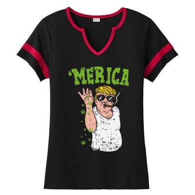 Merica Trump Bae Smoking Weed Cannabis Funny 420 Stoner Gift Ladies Halftime Notch Neck Tee