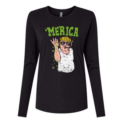 Merica Trump Bae Smoking Weed Cannabis Funny 420 Stoner Gift Womens Cotton Relaxed Long Sleeve T-Shirt