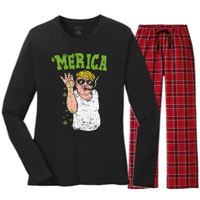 Merica Trump Bae Smoking Weed Cannabis Funny 420 Stoner Gift Women's Long Sleeve Flannel Pajama Set 