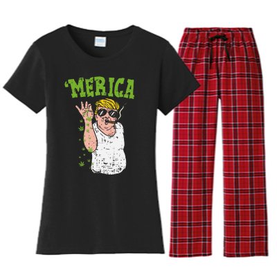 Merica Trump Bae Smoking Weed Cannabis Funny 420 Stoner Gift Women's Flannel Pajama Set