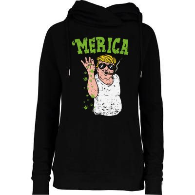 Merica Trump Bae Smoking Weed Cannabis Funny 420 Stoner Gift Womens Funnel Neck Pullover Hood