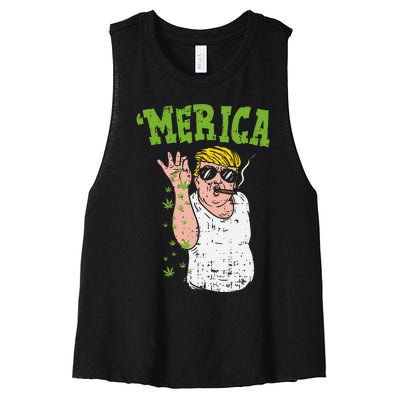 Merica Trump Bae Smoking Weed Cannabis Funny 420 Stoner Gift Women's Racerback Cropped Tank