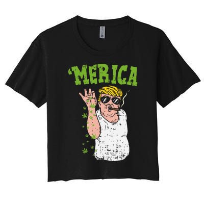 Merica Trump Bae Smoking Weed Cannabis Funny 420 Stoner Gift Women's Crop Top Tee