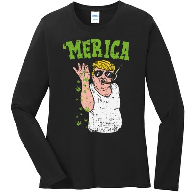 Merica Trump Bae Smoking Weed Cannabis Funny 420 Stoner Gift Ladies Long Sleeve Shirt