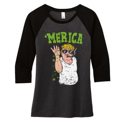 Merica Trump Bae Smoking Weed Cannabis Funny 420 Stoner Gift Women's Tri-Blend 3/4-Sleeve Raglan Shirt