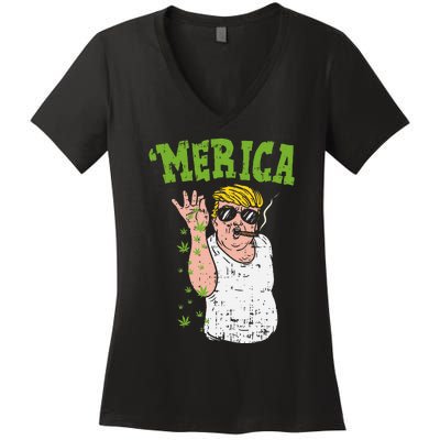 Merica Trump Bae Smoking Weed Cannabis Funny 420 Stoner Gift Women's V-Neck T-Shirt