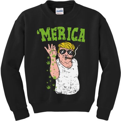 Merica Trump Bae Smoking Weed Cannabis Funny 420 Stoner Gift Kids Sweatshirt