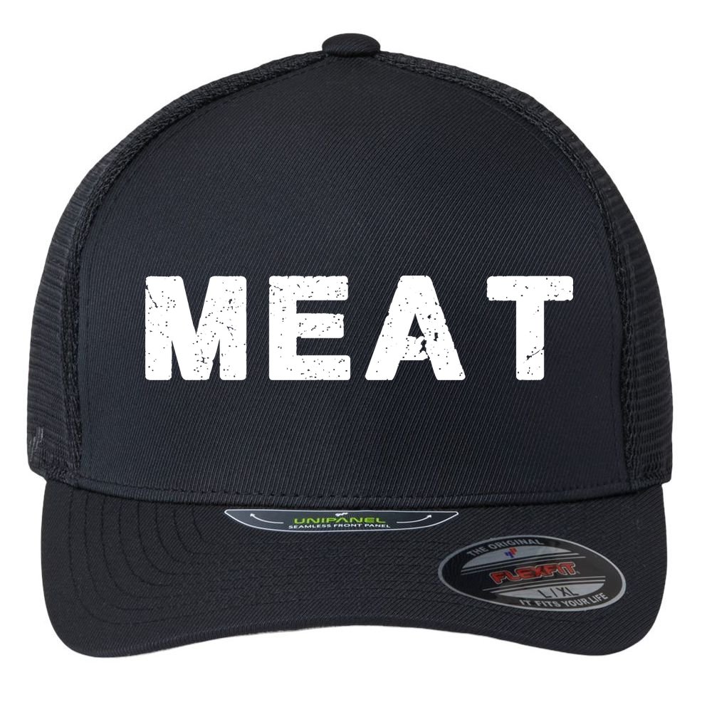 MEAT Tasty BBQ Food Funny Flexfit Unipanel Trucker Cap
