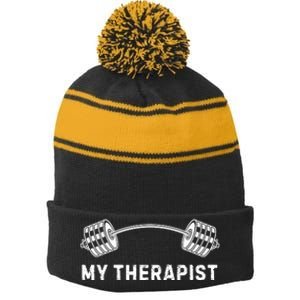 My Therapist (Barbell) | Funny Workout Working Out Weight Lifting Lifter Joke Stripe Pom Pom Beanie