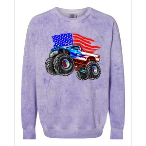 Monster Truck Boys USA American Flag 4th Of July Colorblast Crewneck Sweatshirt