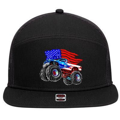 Monster Truck Boys USA American Flag 4th Of July 7 Panel Mesh Trucker Snapback Hat